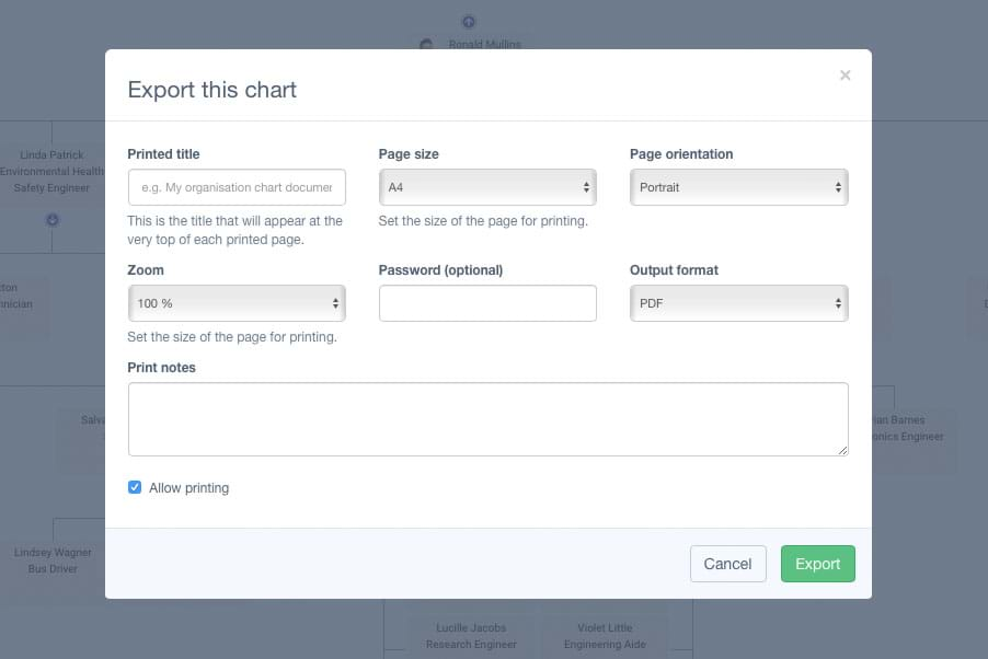 Share, export or print your org charts